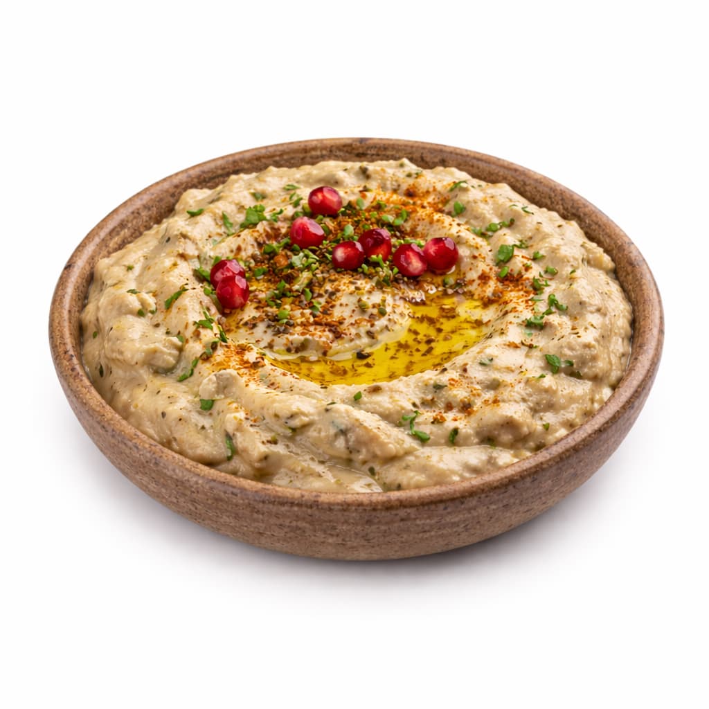 Moutabal libanais à base d’aubergine grillée avec tahini et huile d’olive, spécialité mezze libanais à Paris