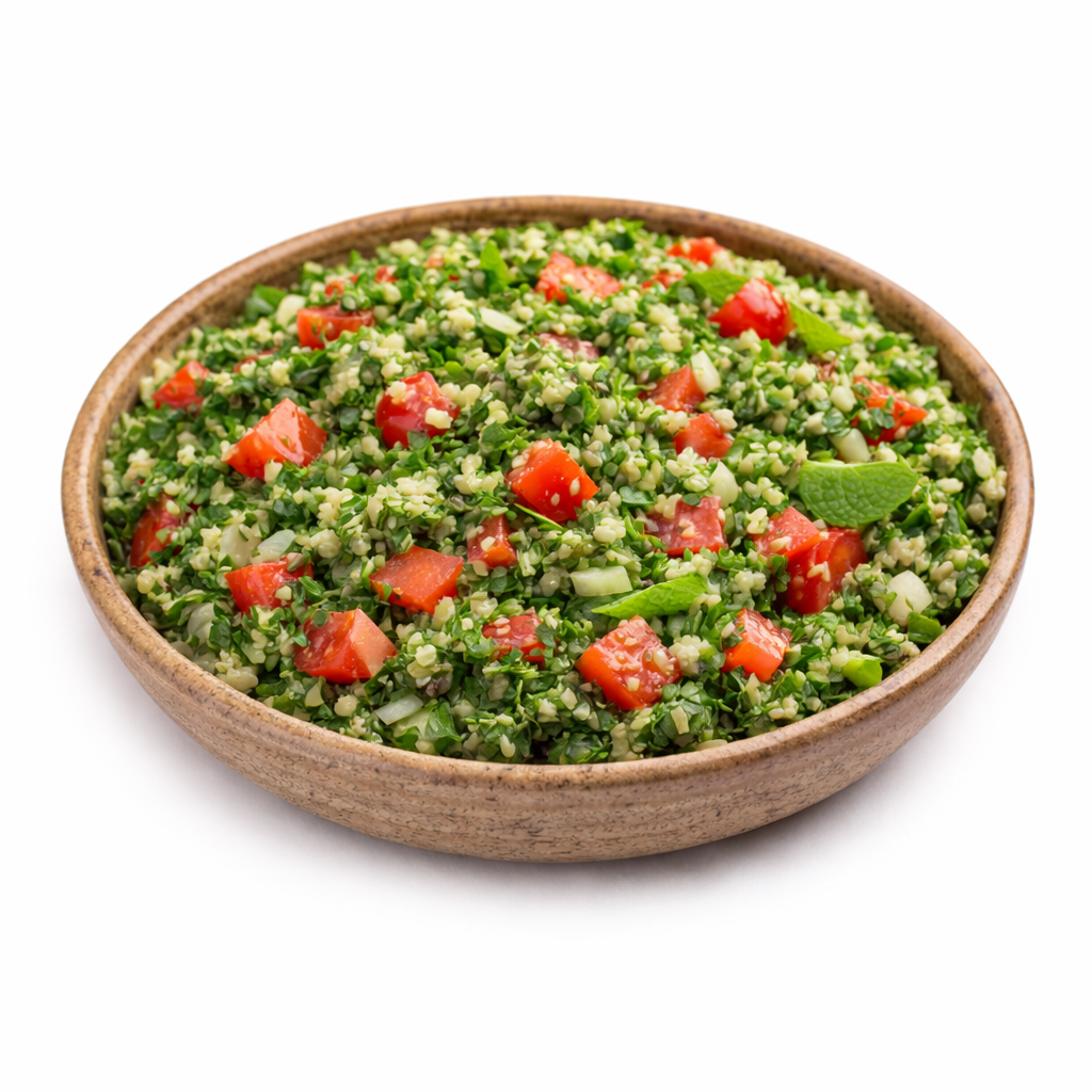 Taboulé libanais avec persil, tomates et boulgour, salade libanaise fraîche à Paris